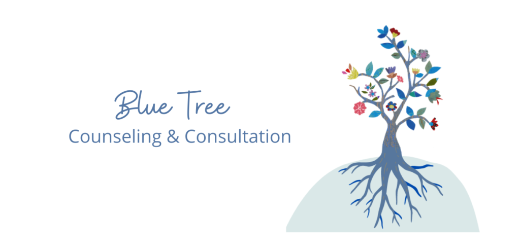 A blue tree logo with the words, " blue tree counseling & consultation."