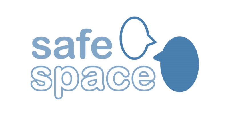 A blue bird is sitting on top of the words " safe space ".