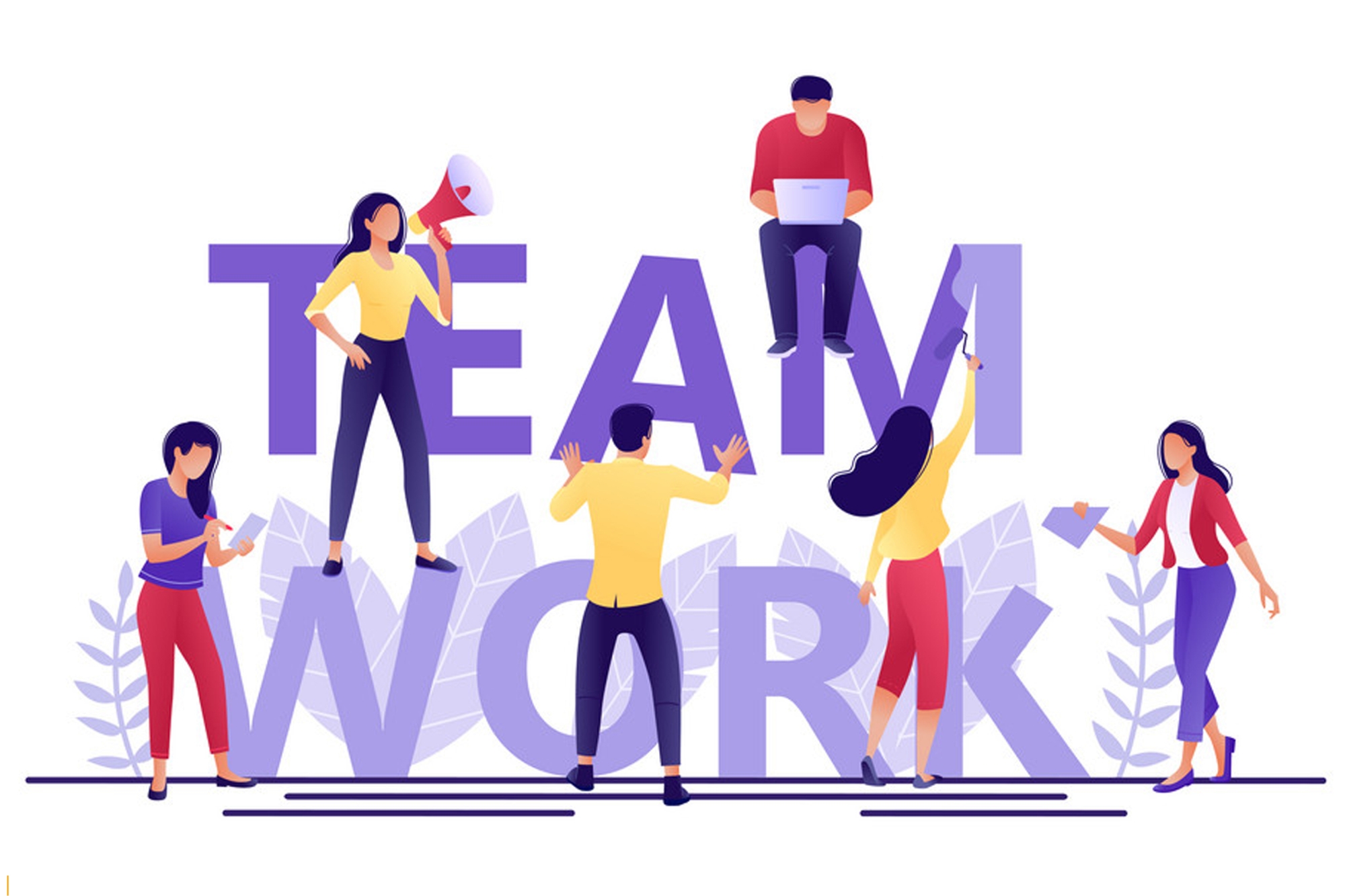 A group of people standing around the word team work.