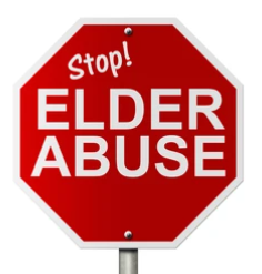 A red stop sign with the words " elder abuse " written on it.