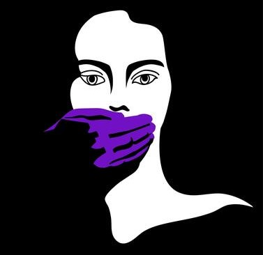 A woman with purple hands covering her mouth.